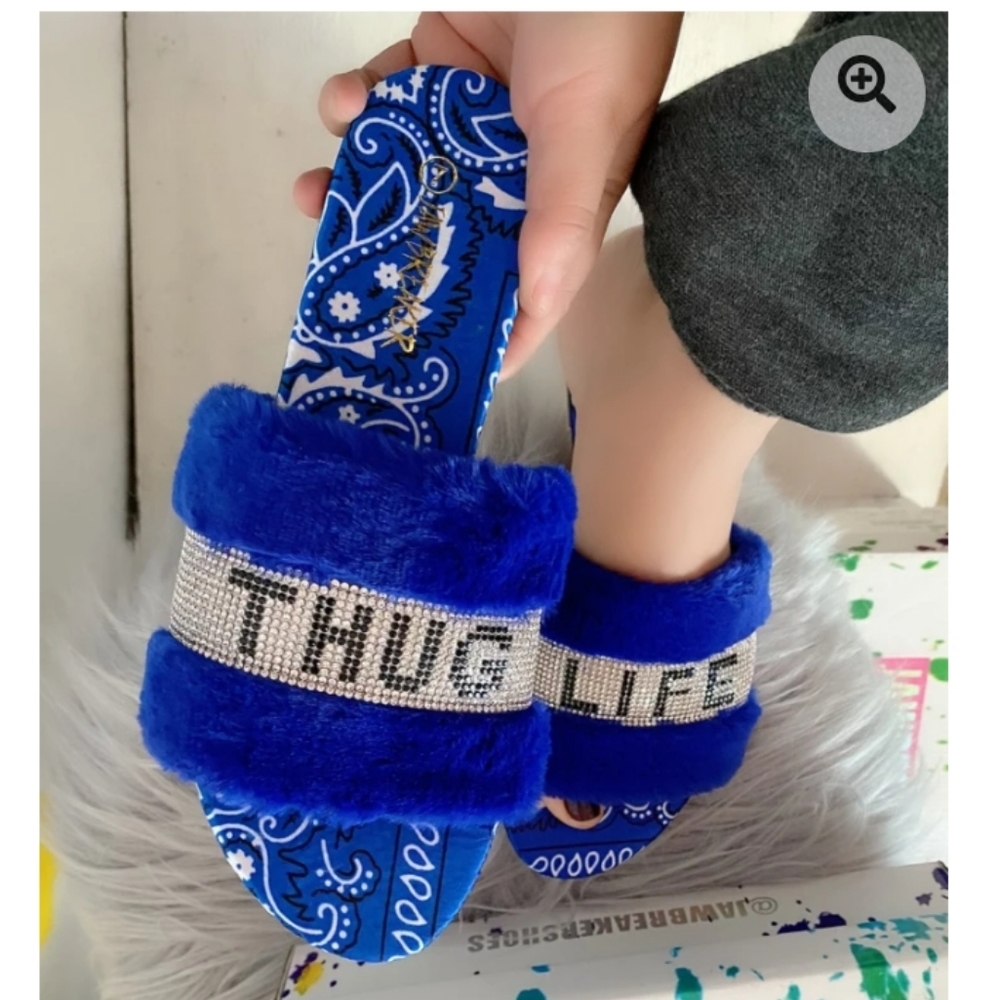 Blue Bandana Faux Fur Slides Sandals